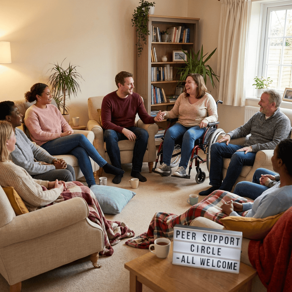 Group of diverse individuals in a peer support circle, fostering community and inclusion.