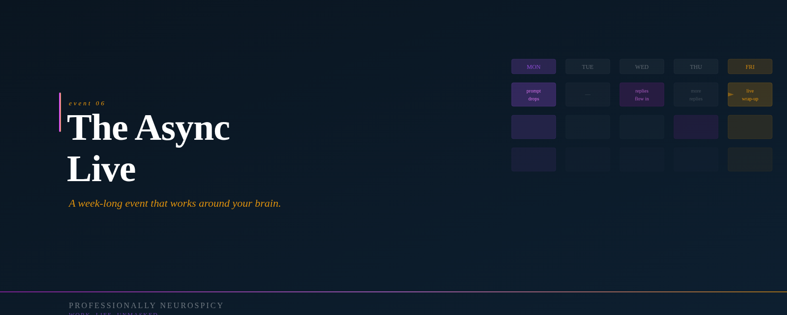 A dark blue-grey event cover image with the text "The Async Live" in large white serif type. A tagline reads "A week-long event that works around your brain." A weekly calendar grid on the right side shows Monday highlighted in purple and Friday highlighted in amber, connected by a dashed arrow — illustrating the prompt-to-wrap-up format. The Professionally Neurospicy wordmark and tagline "Work. Life. Unmasked." appear at the bottom.