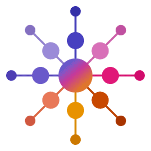 Professionally Neurospicy logo: a colorful network diagram with a gradient purple-to-orange central node and eight radiating spokes, each connecting to two smaller nodes in a spectrum of purples, pinks, and oranges.